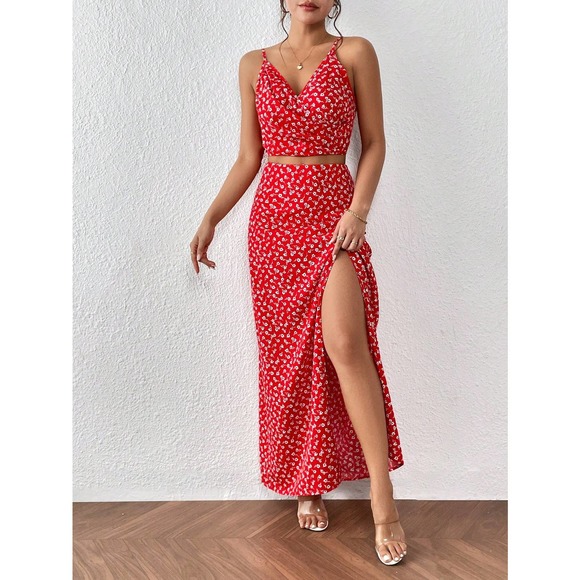 ❗️2 piece skirt set: boho Floral Print Cami Top & Split Thigh maxi Skirt - Picture 4 of 8